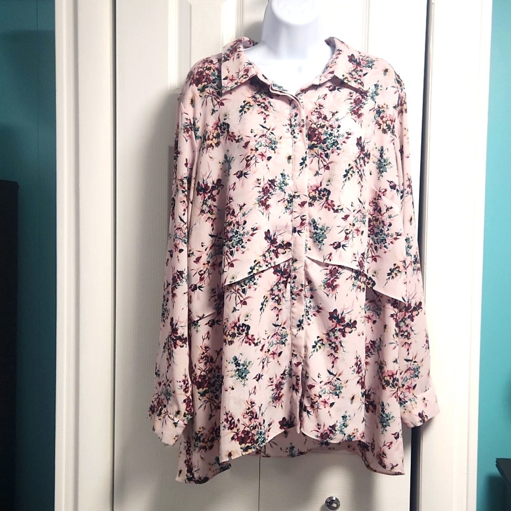 Women's Joan Rivers LS Button Down Floral Shirt Xl Pink